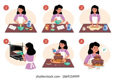 Homemade cooking infographics scheme with charming girl and six steps to prepare the finished product flat vector illustration