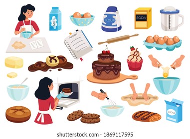 Homemade cooking ingredients colored icons set with flour sugar salt butter eggs milk cinnamon vanilla isolated vector illustration