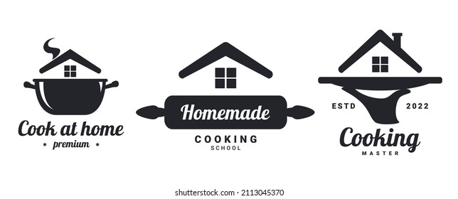 Homemade cooking logos set. kitchen phrases. Home cooking, cooked with love. Vector 