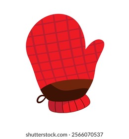 Homemade cooking red patholder oven mitt looks, glove. Kitchen bakery stuff, process of baking. Baking, bakery shop, cooking, sweet products, dessert. Vector for poster, banner, menu, cover, advertisi