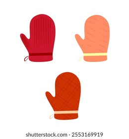 Manoplas de cocina caseras, guantes de horno rojo. Cocina Equipo de panadería, proceso de horneado. Panadería, panadería, cocina, productos dulces, postres. Vector para el cartel, Anuncio, menú, cubierta, anuncio