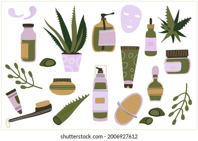 Homemade cosmetic from Aloe Vera.Make up.Organic face mask.Natural skin care.Everyday love to yourself.Hand drawn set with different jars. Sketch beauty pack collection.Herbal products from juice,gel