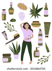 Homemade cosmetic from Aloe Vera.Make up,organic face mask.Natural skin care.Young woman loves herself.Hand drawn set.Sketch beauty pack collection.Herbal products from juice,gel.Peeling and washing