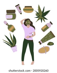 Homemade cosmetic from Aloe Vera.Make up.Young woman with organic face mask.Natural skin care.Everyday love to yourself.Hand drawn set.Sketch beauty pack collection.Herbal products from juice,gel