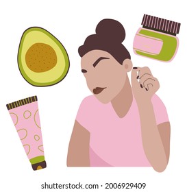 Homemade cosmetic from Avocado.Make up,organic face mask.Natural skin care.Young woman loves herself.Hand drawn set.Sketch beauty pack collection.Herbal products from juice,pulp. Peeling and smearing