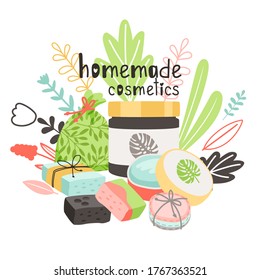 Homemade cosmetics. Handmade organic soaps, cartoon items for spa and aromatherapy, vector illustration bio cosmetic with hand packaging isolated on white background