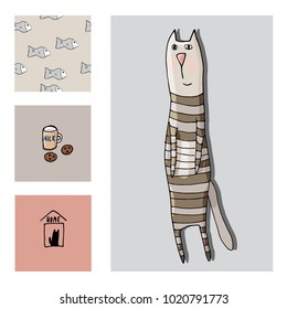 Home-made, cozy card with striped cat. Additional elements: pattern of fish, a mug of milk with cookies, a house with a cat. Notebooks, labels, diary, accessories-school, stickers, t-shirts, banner