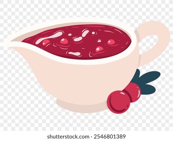 Salsa de arándanos casera en un tazón de salsa con arándanos frescos y hojas sobre fondo transparente. Perfecto para el Día de Acción de Gracias y platos de vacaciones. Vector