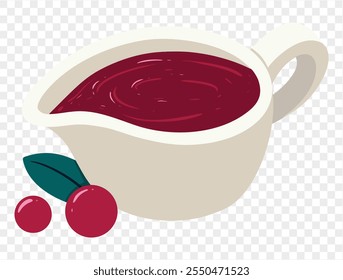 Homemade cranberry sauce in gravy bowl with fresh cranberries and leaves on transparent background. Perfect for Thanksgiving and holiday dishes. vector