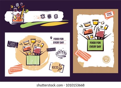 Homemade cuisine for home, office. Food for every day. Open notebook, box with recipe ingredient. Design banner, poster, logo for fast delivery service company. Concept restaurant near me. 