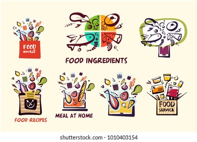 Homemade cuisine for home, office. Template concept for food delivery. Open notebook, box, pocket with recipe ingredient. Design banner, poster, logo for delivery service company. 