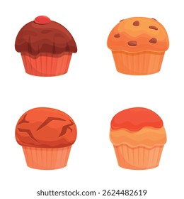 Homemade cupcake icons set cartoon vector. Muffin various flavor and color. Sweet food, dessert