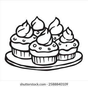 homemade cupcakes with whipped cream. vector illustration in doodle style