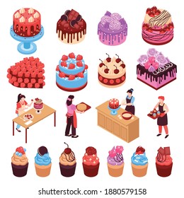 homemade dessert isometric set of cakes muffins cookies decorated with berries and chocolate isolated vector illustration