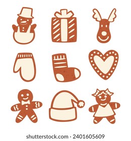 Homemade different shapes gingerbread cookies isolated on white. Festive celebration elements set. American culture. Cute traditional food collection. Christmas hand drawn flat vector illustration