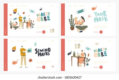 Homemade Diy Protective Mask Creation against Covid19 Landing Page Template Set. Characters Sewing Medical Masks at Home for Wearing during Coronavirus Pandemic. Linear People Vector Illustration