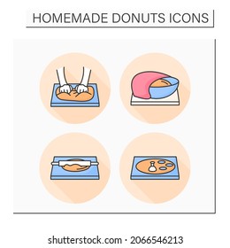 Homemade donuts color icons set. Dough kneading, rolling and cutting. Concept of fresh and tasty bakery and pastry recipe.Isolated vector illustration