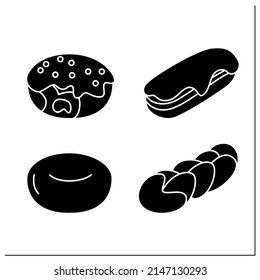 Homemade donuts glyph icons set. Yeast and twist doughnut, long and filled donut. Concept of fresh and tasty bakery and pastry recipe.Filled flat signs. Isolated silhouette vector illustrations