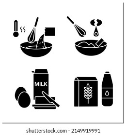 Homemade donuts glyph icons set. Dough mixing, floor, oil, eggs and butter. Concept of fresh and tasty bakery and pastry recipe.Filled flat signs. Isolated silhouette vector illustrations