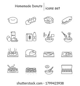 Homemade donuts icons set. Deep fried donuts and bread home baking instruction linear pictogram. Concept of fresh and tasty bakery and pastry recipe. Editable stroke vector illustrations for cookbook