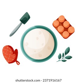 Cuencas para la masa caseras con huevos, espátula de silicona, mitt de horno. La panadería de cocina, el proceso de hornear. Hornear, panadería, cocinar, dulce, postre. Vector para afiches, banner, menú, portada, publicidad