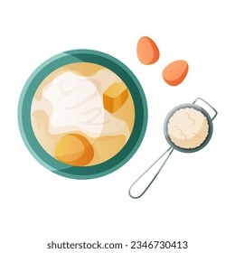 Cuencos caseros para cocinar masa con harina y huevos. La panadería de cocina, el proceso de hornear. Hornear, panadería, cocinar, productos dulces y postre. Vector para afiches, banner, menú, portada, publicidad