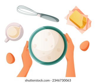 Cuencos caseros para cocinar con masa. La panadería de cocina, el proceso de hornear. Hornear, panadería, cocinar, productos dulces y postre. Vector para afiches, banner, menú, portada, publicidad