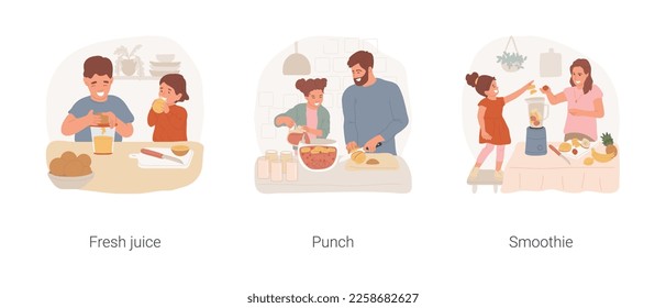 Homemade drinks isolated cartoon vector illustration set. Child squeezing fresh orange juice, learn to use squeezer, family making punch, prepare smoothie, kid put fruit in blender vector cartoon.