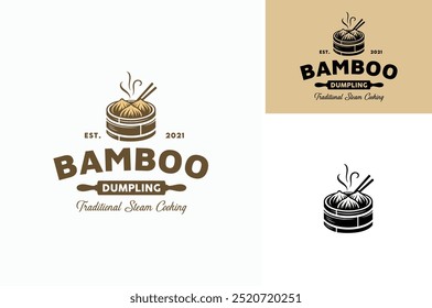 Homemade Dumpling Dim Sum with Chopsticks and Bamboo Steamer for Classic Asian Traditional Cooking Restaurant or Korean Chinese Cuisine logo design