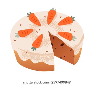 A homemade Easter carrot pie with cinnamon, vanilla icing, and festive decorations. Easter pastry. Festive vector illustration.