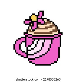 Homemade easy cooking microwave zebra cupcake with a flower in a pink mug, pixel art dessert illustration isolated on white background. Old school retro 80s-90s 8 bit slot machine, video game graphics