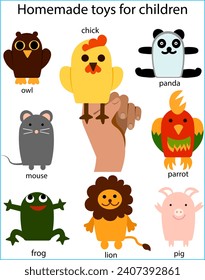 Homemade fabric toys for children's theater Simple design figurines of animals and birds of original design in bright colors Vector