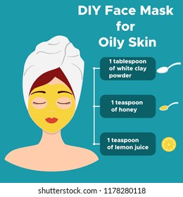 Homemade face mask from natural ingredients for oily skin. Skin problems. Infographics facials. Beauty Facial Procedures. Vector illustration.