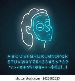 Homemade facial clay mask neon light icon. Glowing sign with alphabet, numbers and symbols. Relaxing spa salon therapy vector isolated illustration. Healthy female skincare. Cosmetology procedure