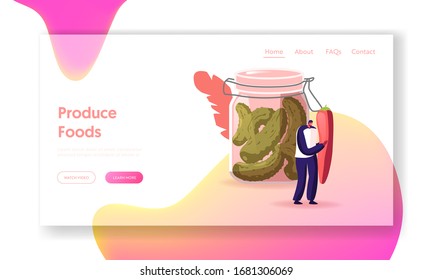 Homemade Fermented Vegan Healthy Food and Canned Preserves Cooking Landing Page Template. Tiny Male Character Holding Huge Red Chilli Pepper Stand at Glass Jar Pickles. Cartoon Vector Illustration