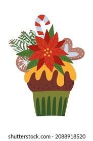 Homemade festive cheerful cupcake. Christmas holiday muffin decorated with poinsettia. lillypop, gingerbread cookie. Flat hand drawn vector illustration