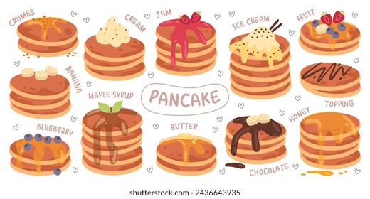 Homemade fired pancakes stacks with different topping, maple syrup, chocolate, sweet honey or cream, various fruit and berries addition like banana, blueberry isolated set vector illustration.