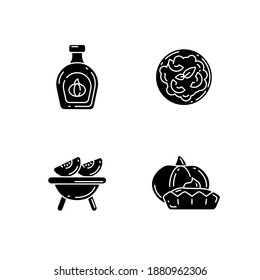 Homemade food black glyph icons set on white space. Roasted gourd, pumpkin risotto, tasty tartlet and syrup silhouette symbols. Rustic cooking, traditional autumn dishes. Vector isolated illustrations