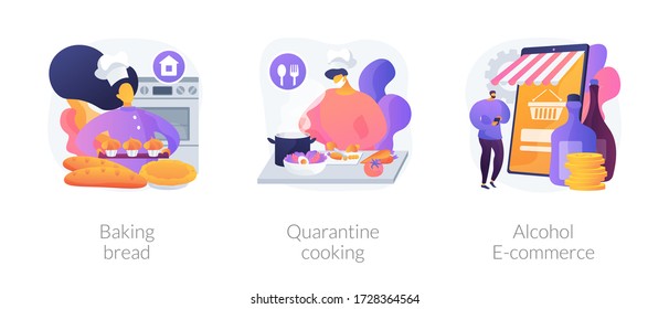 Homemade food and delivery abstract concept vector illustration set. Baking bread, quarantine cooking, alcohol e-commerce, family recipe, baking yeast, online grocery and wine abstract metaphor.