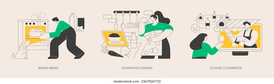 Homemade food and delivery abstract concept vector illustration set. Baking bread, quarantine cooking, alcohol e-commerce, family recipe, baking yeast, online grocery and wine abstract metaphor.