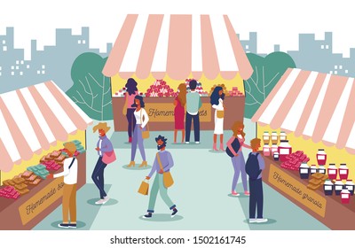 Homemade Food Fair and People Characters Cartoon. Men and Women Choosing Granola, Bakery Products, Salads at Stall. Cooked at Home Groceries Sale. Open Air Market. Vector Flat Illustration