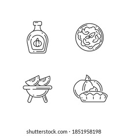 Homemade food linear icons set. Roasted gourd, pumpkin risotto, tasty tartlet and syrup customizable thin line contour symbols. Rustic cooking. Isolated vector outline illustrations. Editable stroke