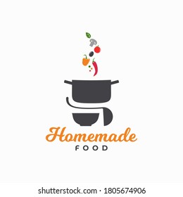 Homemade Food Logo. Pan With Vegetables And Plate With Ladle On White Background