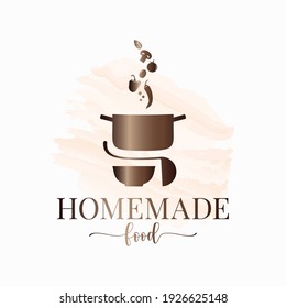 Homemade Food Watercolor Logo. Pan With Vegetables And Plate With Ladle On White Background