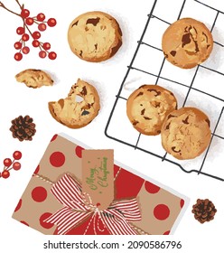 Homemade fresh and crunchy Christmas cookies with decorated gift box, red beans and pine cones. Hand drawn vector illustration.