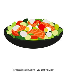 Ensalada fresca casera con verduras y salmón. Concepto de alimentos saludables. Ilustración vectorial plana aislada en fondo blanco