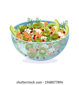 Homemade fresh vegetable salad of herbs, olives and cheese in a glass bowl. Dish with almonds, pomegranate and sesame seeds. Cooking delicious food at home. Vector flat illustration.