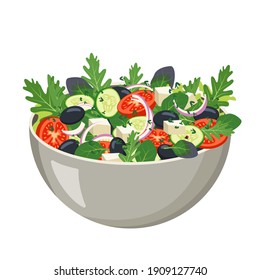 Homemade fresh vegetable salad with olives. The vegetarian or vegan meal is served in a bowl. Cooking delicious food at home. Vector cartoon illustration isolated on white background.