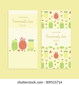 Homemade fruit and berry jam in glass jars banners, flyers template set. Vector illustration