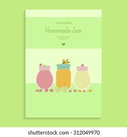 Homemade fruit and berry jam in glass jars poster, brochure. Vector illustration for menu, invitation or shopping list templates